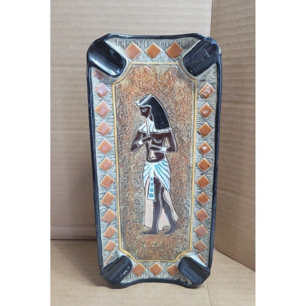 Vintage Egyptian Style Hand Painted Combo Ashtray & Bottle Decanter Italy